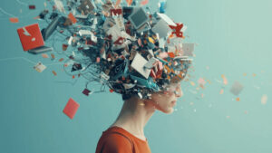 Pessoa com cabeça desintegrando em elementos digitais, simbolizando ideias e o conceito de copywriting.