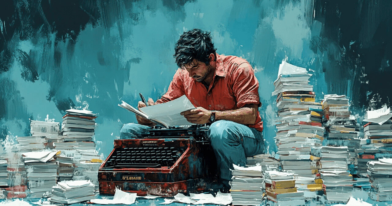 Homem sentado em pilha de livros a ler folhas, com máquina de escrever, simbolizando a sobrecarga de informação e erros de copywriting.