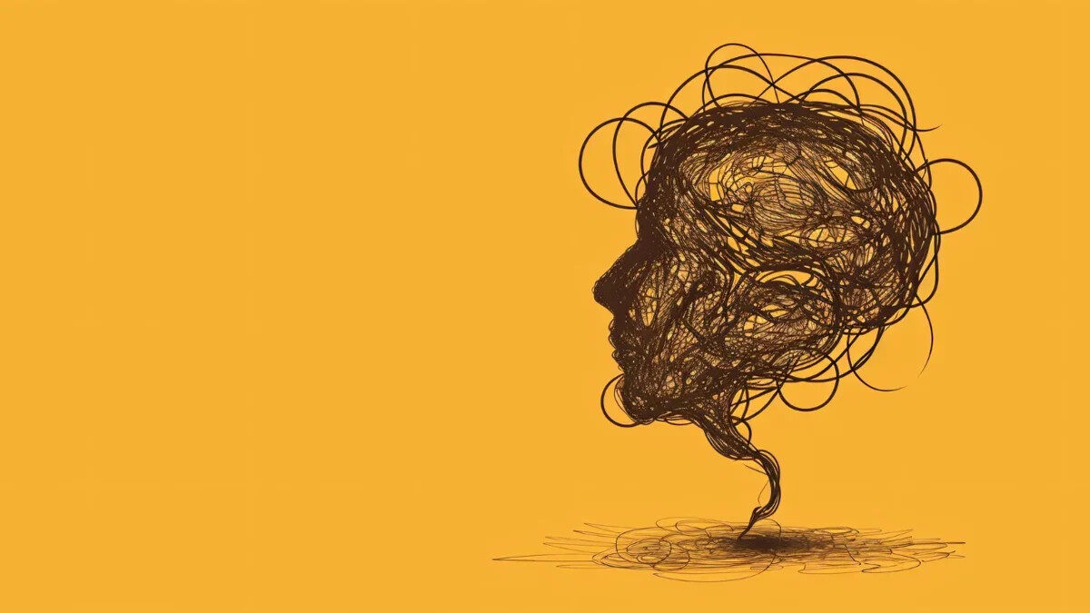 Ilustração de cabeça de rabiscos a ascender de riscos, simbolizando a emergência de ideias e a ativação de gatilhos mentais no copywriting.