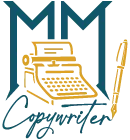 Logo Márcio Matos copywriter MM com máquina de escrever, caneta e o texto Copywriter.
