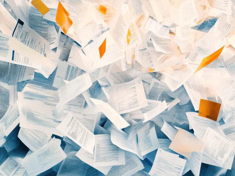 Milhares de folhas de papel a voar desordenadamente, simbolizando os erros e o desperdício causados pelo mau copywriting.