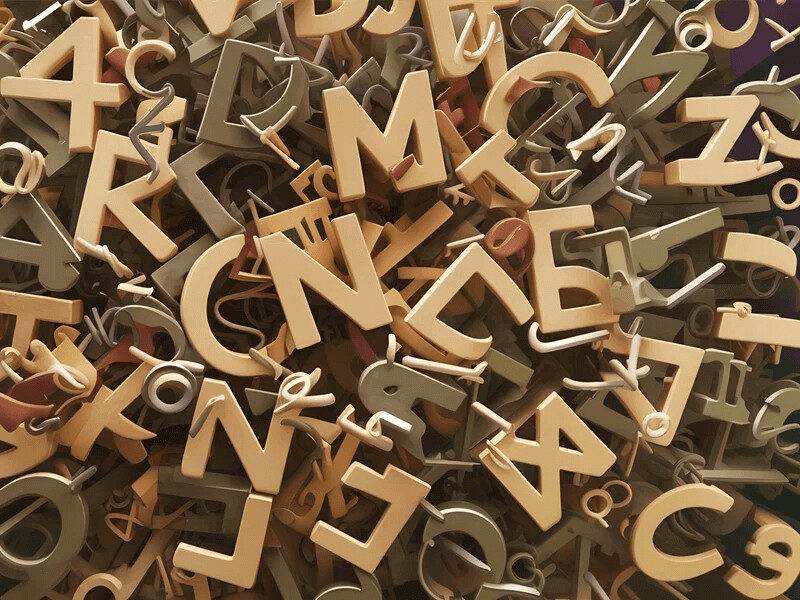 Conjunto de letras espalhadas ou empilhadas, simbolizando a matéria-prima e a construção de mensagens no copywriting.