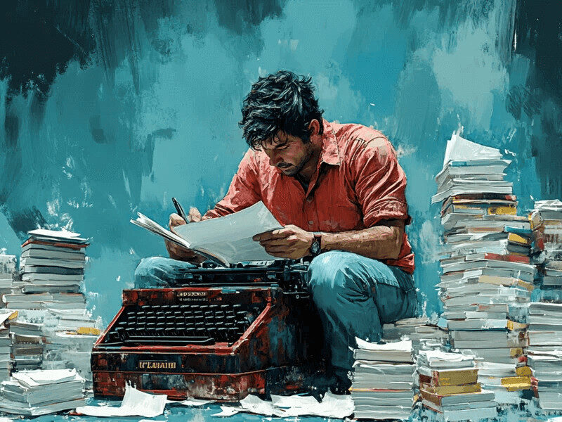 Homem sentado em pilha de livros a ler folhas, com máquina de escrever, simbolizando a sobrecarga de informação e erros de copywriting.