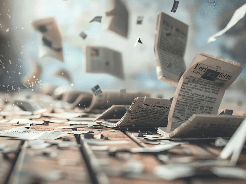 Folhas de jornal espalhadas e a voar, simbolizando a criatividade, agilidade e alcance do copywriting feito por um freelancer.